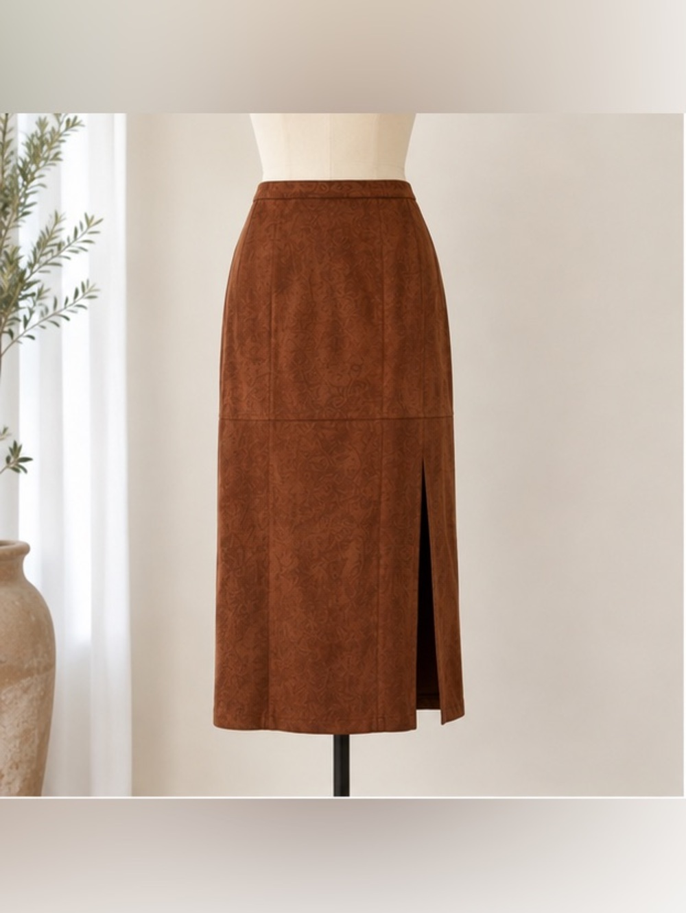 Melloday Brown Faux Suede Midi Skirt Size Small Stretch Lightweight